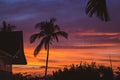Beautiful sunset with house and palm trees silhouettes. Calm evening with colorful dusk sky. Twilight in tropical resort. Royalty Free Stock Photo