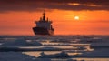 Beautiful sunset with Icebreaking vessel in Arctic, generative ai Royalty Free Stock Photo
