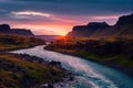 Beautiful sunset on Iceland aerial river among deserted hills