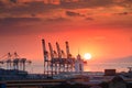 Beautiful sunset and industrial cargo cranes in Manila bay Royalty Free Stock Photo