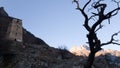 Beautiful sunset in Kabardino-Balkaria in Russia. Upper Balkaria village - a defensive watchtower and a beautiful crooked tree