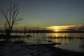 Beautiful sunset on the lake. Dry trees submerged in the calm waters of Lake Epecuen. Clouds on the horizon during sunset Royalty Free Stock Photo