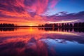 beautiful sunset in a lake, An image of a vibrant sunset over a serene lake, with colorful reflections shimmering on the water, AI