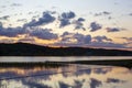 Beautiful sunset at the lakeside in Finland with glowing sky.