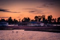 Beautiful sunset landscape with boats at the lagoon of Mesolongi, Royalty Free Stock Photo