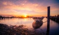 Beautiful sunset landscape with boats at the lagoon of Mesolongi, Royalty Free Stock Photo