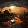 beautiful sunset landscape, a hut in sunset field, dark dramatic sky and puddle