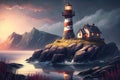 Beautiful sunset landscape with lighthouse on seashore, illustration generated by AI Royalty Free Stock Photo