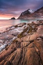 Sunset Norway landscape of picturesque stones on the arctic beach of cold Norwegian Sea Royalty Free Stock Photo