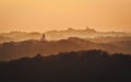 Beautiful sunset landscape scenery of churches on the hills in Croatia, county hrvatsko zagorje