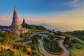 Beautiful sunset landscape at two pagoda, Doi Inthanon National Park, Chiang mai, Thailand Royalty Free Stock Photo