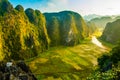 Beautiful sunset landscape viewpoint from the top of Mua Cave mountain, Ninh Binh, Tam Coc, Vietnam Royalty Free Stock Photo