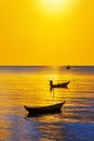 Beautiful sunset landscape, yellow sky, golden sun glow reflection on water, fisherman boats silhouette on blue sea background Royalty Free Stock Photo