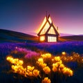 Beautiful sunset in the lavender field with a wooden house. Generative AI Royalty Free Stock Photo