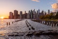 Beautiful Sunset and Lower Manhattan skyline with East River and New York City. Twilight with Reflections