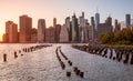 Beautiful Sunset and Lower Manhattan skyline with East River and New York City. Twilight with Reflections