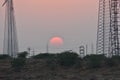 Beautiful Sunset with modern windmill in thar desert jaisalmer Rajasthan India Royalty Free Stock Photo