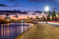 Beautiful sunset on Moskva river embankment with a view of Kremlin wall and Cathedral of Christ the Saviour in Moscow Royalty Free Stock Photo