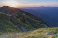 Beautiful sunset mountain view from the entrances on the path to the Kozya Stena hut. The Troyan Balkan is exceptionally