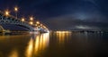 Beautiful sunset night over Rhine / Rhein river and old bridge i Royalty Free Stock Photo