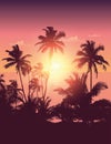 Beautiful sunset by the ocean with palm silhouette realistic landscape background