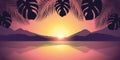 Beautiful sunset by the ocean with palm tree silhouette and mountain landscape Royalty Free Stock Photo