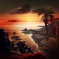 Beautiful sunset on the ocean. Rocky shore, beach and palm tree. Royalty Free Stock Photo