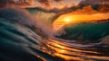 Beautiful sunset in the ocean with a wave breaking on the shore