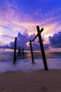 Beautiful sunset with old wooden bridge at Khao Pilai in Phang- Nga Thailand Royalty Free Stock Photo