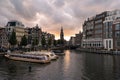 Beautiful Sunset over the Amstel River in Amsterdam Centrum Royalty Free Stock Photo