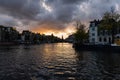 Beautiful Sunset over the Amstel River in Amsterdam Centrum Royalty Free Stock Photo