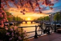 Beautiful sunset over the Amstel river, Amsterdam, Netherlands, Beautiful sunrise over Amsterdam, The Netherlands, with flowers Royalty Free Stock Photo