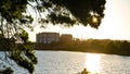 Beautiful sunset over the Ave River in Vila do Conde, Portugal with Santa Clara monastery and aqueduct Royalty Free Stock Photo