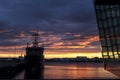 Panorama of sunset over Harpa concert hall and harbor in Reykjavik, Iceland Royalty Free Stock Photo