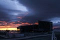 Panorama of sunset over Harpa concert hall and harbor in Reykjavik, Iceland Royalty Free Stock Photo