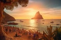 Beautiful sunset over the beach in Rio de Janeiro, Brazil, Picturesque view of Cala d\'Hort tropical Beach, people hangout in Royalty Free Stock Photo