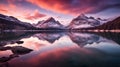 a beautiful sunset over a calm lake surrounded by majestic mountains, the sky aglow, AI-generated Royalty Free Stock Photo