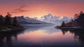 a beautiful sunset over a calm lake surrounded by mountains, AI generated Royalty Free Stock Photo