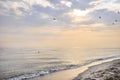 Beautiful sunset over the calm sea on a cloudy hot summer evening. Flying birds visible. Royalty Free Stock Photo