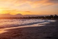 beautiful sunset over calm sea, waves of water and clean sand, Salou, Spain Royalty Free Stock Photo