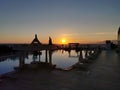 Beautiful sunset over the empty pool and the sea. The Aegean sea. Turkey, Kusadasi. Royalty Free Stock Photo