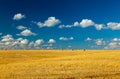 Beautiful sunset over farm field with many hay bales with blue sky and colorful clouds in background