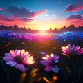 Beautiful sunset over the field with daisies. 3d rendering generative AI Royalty Free Stock Photo