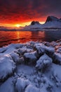 Beautiful sunset over the fjord in winter, Iceland