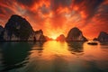 Beautiful sunset over Halong bay, Vietnam. Panoramic view, seascape sunset at Halong Bay, AI Generated