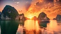 Beautiful sunset over Halong bay, Vietnam. Panoramic view, seascape sunset at Halong Bay, AI Generated