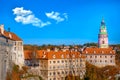 Beautiful sunset over historic centre of Chesky Krumlov old town in the South Bohemian Region of the Czech Republic on Vltava Royalty Free Stock Photo
