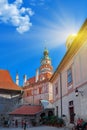 Beautiful sunset over historic centre of Chesky Krumlov old town in the South Bohemian Region of the Czech Republic on Vltava Royalty Free Stock Photo