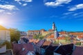 Beautiful sunset over historic centre of Chesky Krumlov old town in the South Bohemian Region of the Czech Republic on Vltava