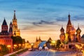 Beautiful sunset over the Kremlin wall towers and St. Basil Cathedral at the Red Square. Summer sunset in Moscow, Russia Royalty Free Stock Photo